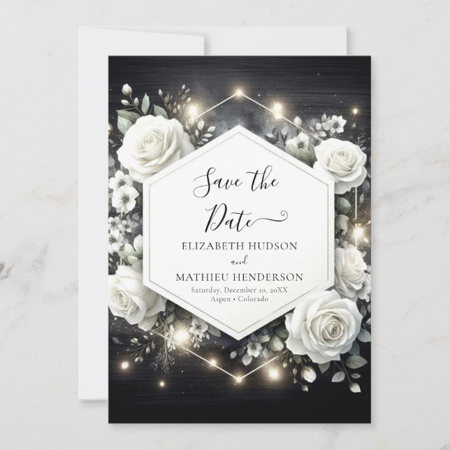Whimsical Digital White Roses Wedding Save The Date (Front)