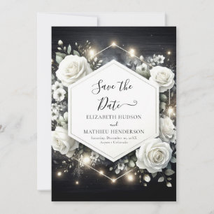 Whimsical Digital White Roses Wedding Save The Date