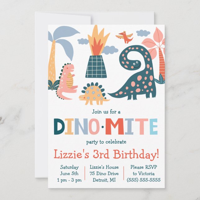 Whimsical Dino-Mite Dinosaur Themed Birthday Party Invitation (Front)