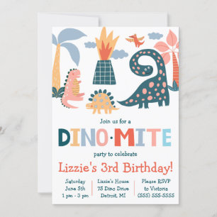 Whimsical Dino-Mite Dinosaur Themed Birthday Party Invitation