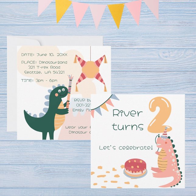 Whimsical Dinosaur birthday piñata age 2 neutral Invitation (Creator Uploaded)
