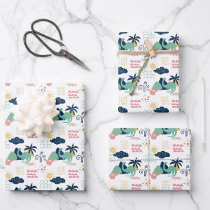 Whimsical Dinosaur Landscape Pattern Wrapping Paper Sheet
