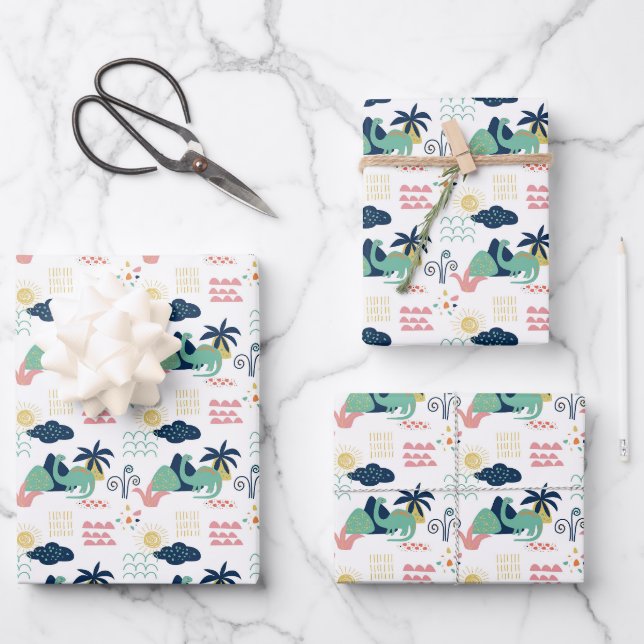 Whimsical Dinosaur Landscape Pattern Wrapping Paper Sheet (Front)
