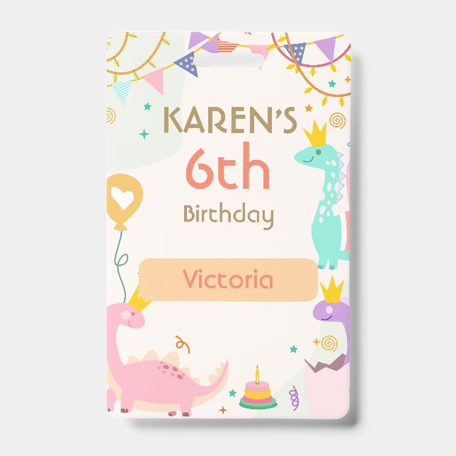Whimsical Dinosaur Princess Birthday ID Badge (Front)