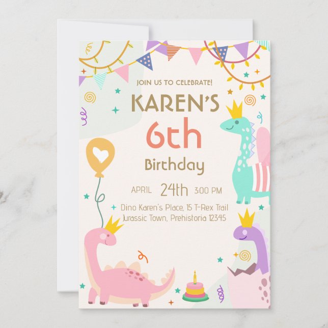 Whimsical Dinosaur Princess Birthday Invitation (Front)