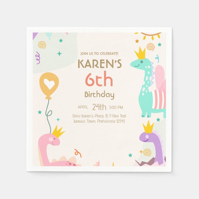 Whimsical Dinosaur Princess Birthday Napkin (Front)
