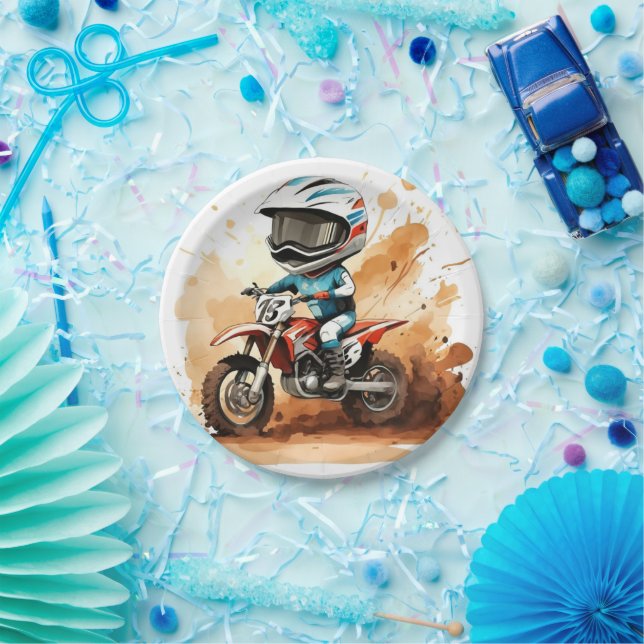 Whimsical Dirt Wheels Motorcycle Birthday Paper Plate (Party)