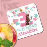 Whimsical Dog 3th Birthday Party Joy!  Square Paper Coaster<br><div class="desc">Get ready to add a touch of whimsy to your dog's 3rd birthday celebration with our "Whimsical Dog 3rd Birthday Party Joy! Square Paper Coaster". Featuring an adorable illustration of a cute big dog sporting a party hat and holding a cake next to a pink number three candle, these coasters...</div>