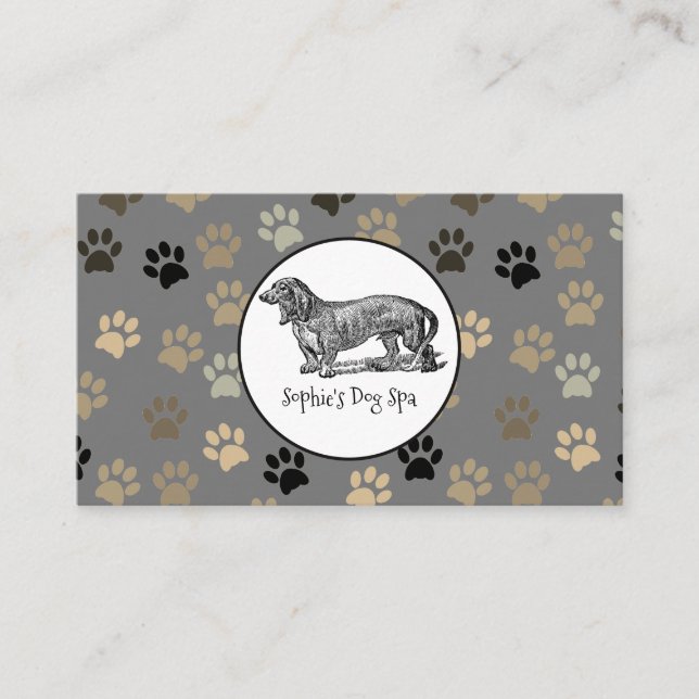 Whimsical Dog And Paw Print Pattern Groomer Business Card (Front)