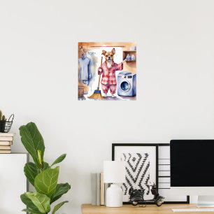 Whimsical Dog in Pyjamas Doing Laundry  Poster
