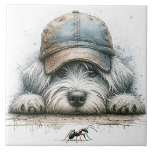 Whimsical dog looking at a spider tile
