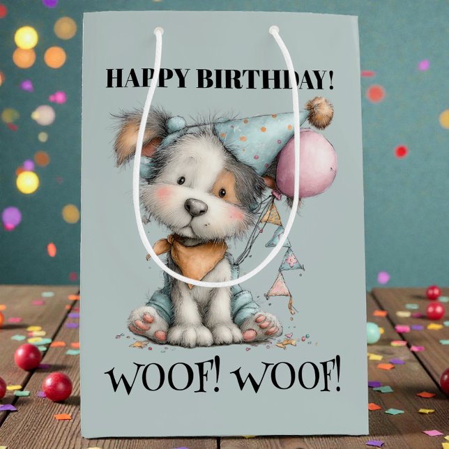 Whimsical Dog Watercolor Birthday Medium Gift Bag (Creator Uploaded)