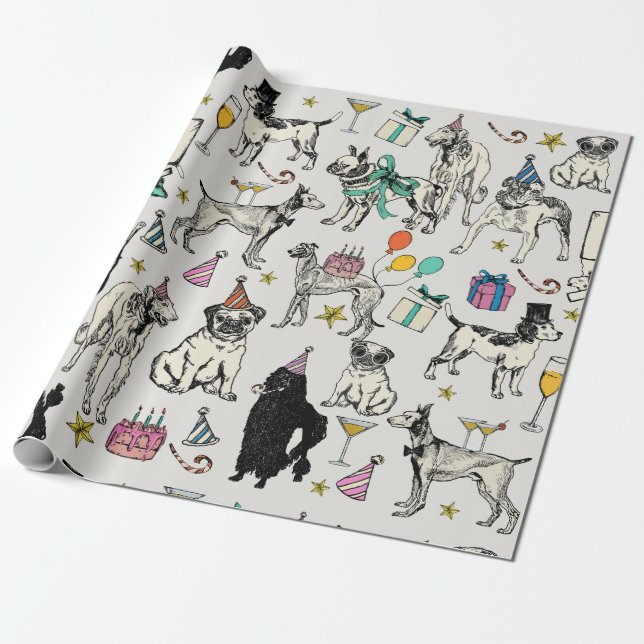 whimsical dogs birthday party celebration  wrapping paper (Unrolled)
