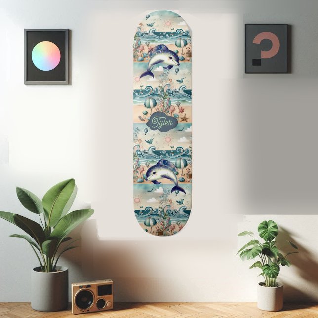 Whimsical Dolphin Boho Ocean Waves Beach Tropical  Skateboard (Whimsical Dolphin Boho Ocean Waves Beach Tropical Skateboard)