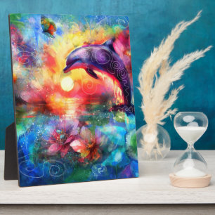 Whimsical Dolphin Coastal Nautical Floral Teal Plaque
