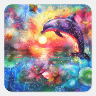 Whimsical Dolphin Coastal Nautical Floral Teal Square Sticker