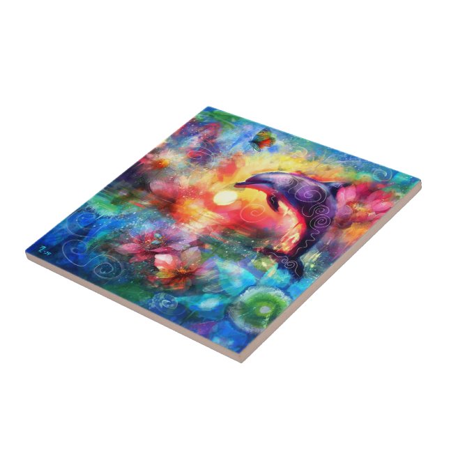 Whimsical Dolphin Coastal Nautical Floral Teal Tile (Side)