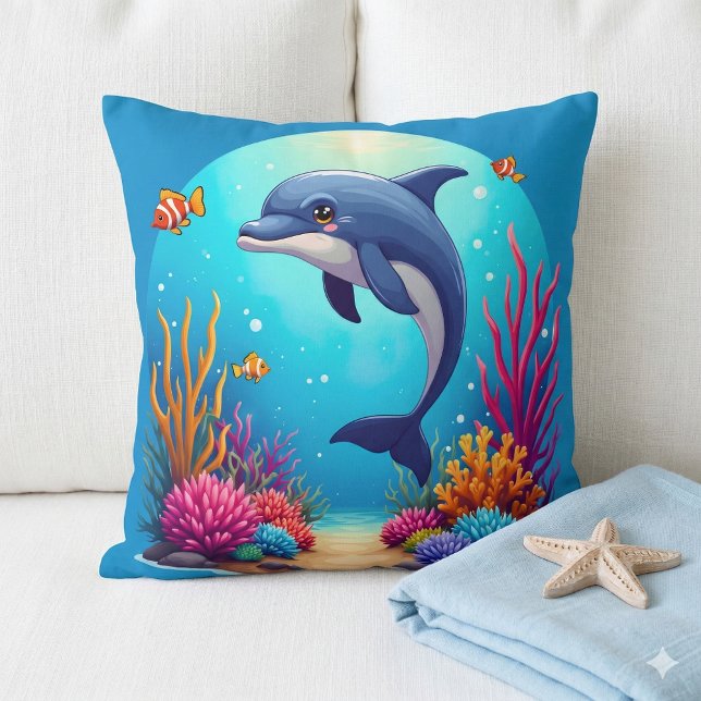 Whimsical Dolphin in Vibrant Coral Reef Cushion (Whimsical Dolphin in Vibrant Coral Reef Throw Pillow Mockup A)