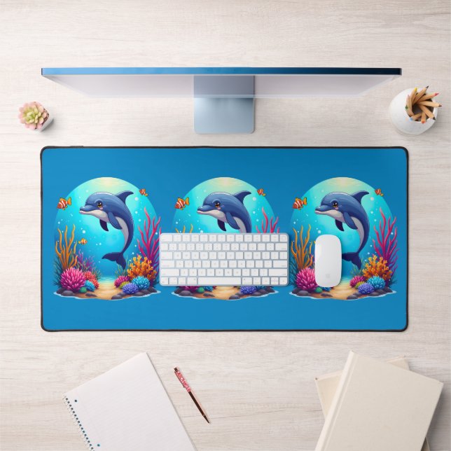 Whimsical Dolphin in Vibrant Coral Reef Desk Mat (Office 1)