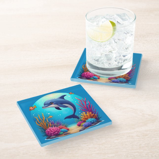 Whimsical Dolphin in Vibrant Coral Reef Glass Coaster (Angled)