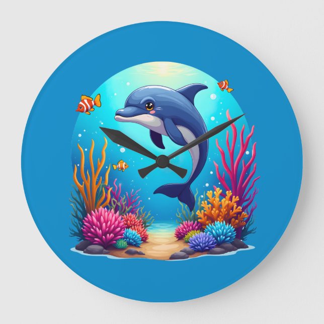 Whimsical Dolphin in Vibrant Coral Reef Large Clock (Front)