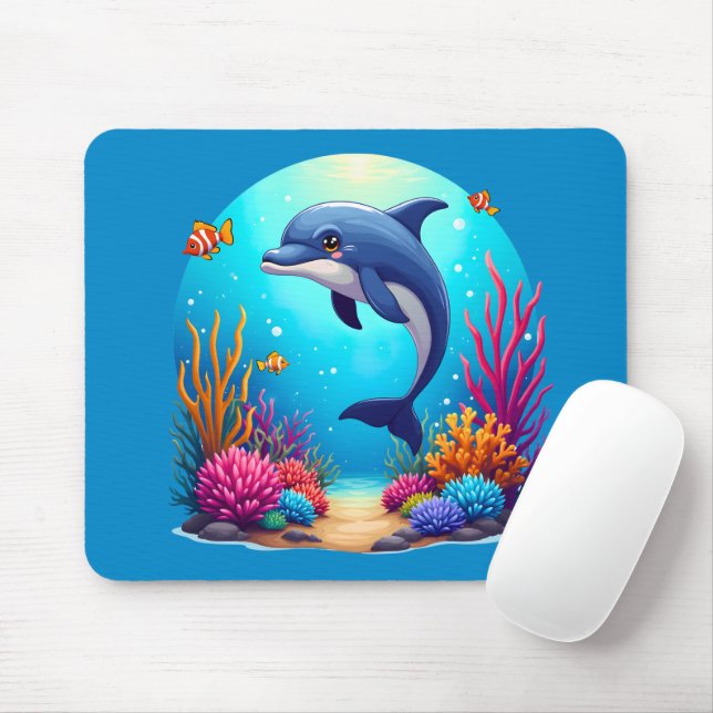 Whimsical Dolphin in Vibrant Coral Reef Mouse Mat (With Mouse)
