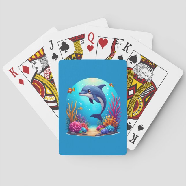 Whimsical Dolphin in Vibrant Coral Reef Playing Cards (Back)