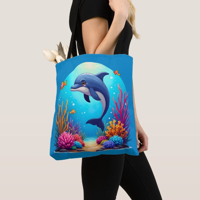 Whimsical Dolphin in Vibrant Coral Reef Tote Bag (Close Up)