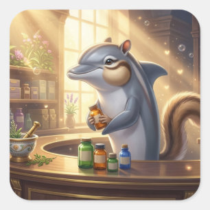 Whimsical Dolphin Squirrel Apothecary Square Sticker