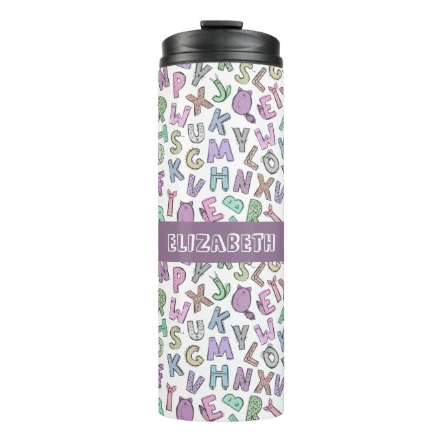 Whimsical doodle alphabet letters thermal tumbler (Front)