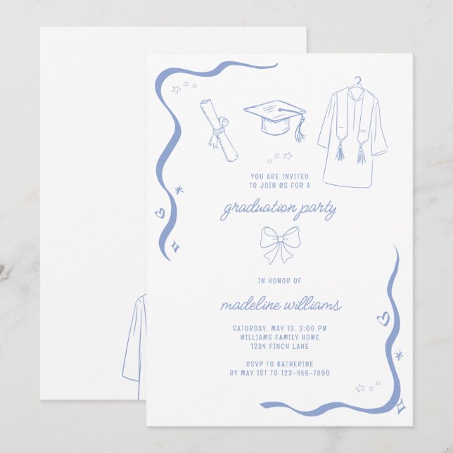 Whimsical Doodle Blue Graduation Party  Invitation (Front/Back)
