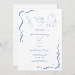 Whimsical Doodle Blue Graduation Party Invitation
