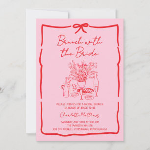 Whimsical Doodle Brunch with the Bride Red Pink Invitation
