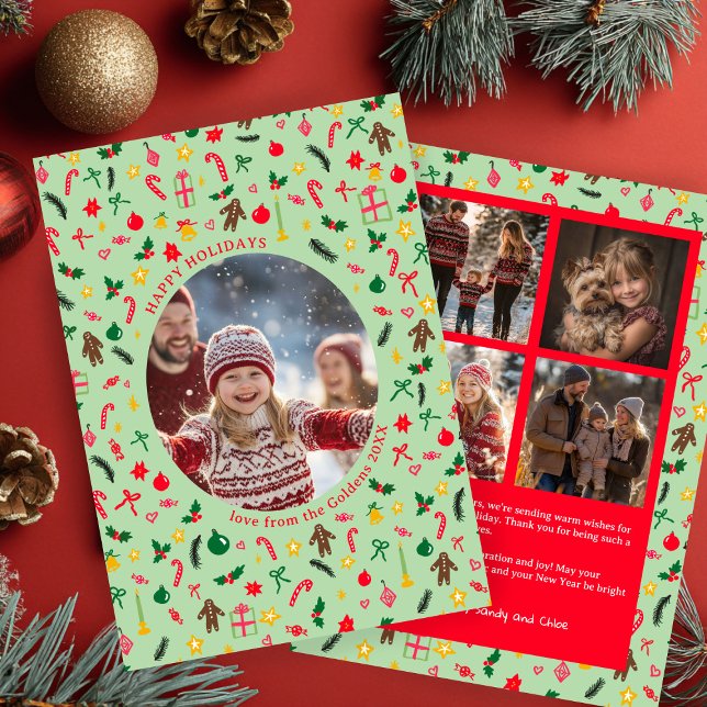 Whimsical Doodle Christmas Custom 5 Photo Collage Holiday Card (Whimsical Doodle Christmas Hand-Drawn pattern Custom 5 Photo Collage Holiday Card
)