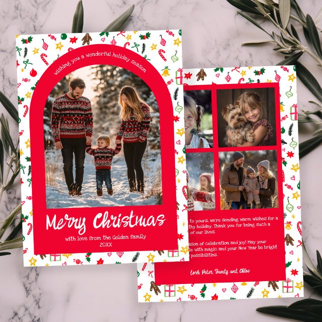 Whimsical Doodle Christmas Custom Arch 5 Photo  Holiday Card (Whimsical Doodle Christmas Custom Arch 5 Photo Collage Holiday Card
)