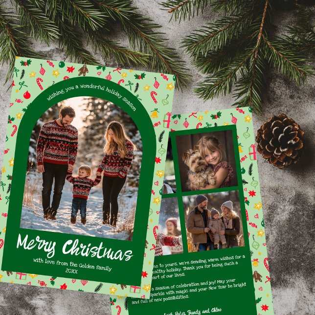 Whimsical Doodle Christmas Custom Arch 5 Photo  Holiday Card (Whimsical Doodle Christmas Custom Arch 5 Photo Green Holiday Card
)
