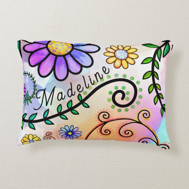 Whimsical, Doodle flowers all over Decorative Cushion (Back)