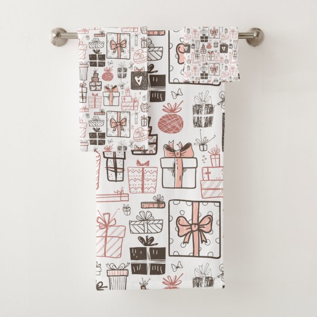 Whimsical Doodle Gifts Drawing Pink Christmas Cute Bath Towel Set (Insitu)