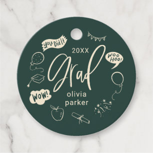 Whimsical Doodle Grad Party Green Favour Tags