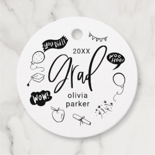 Whimsical Doodle Grad Party White Favour Tags