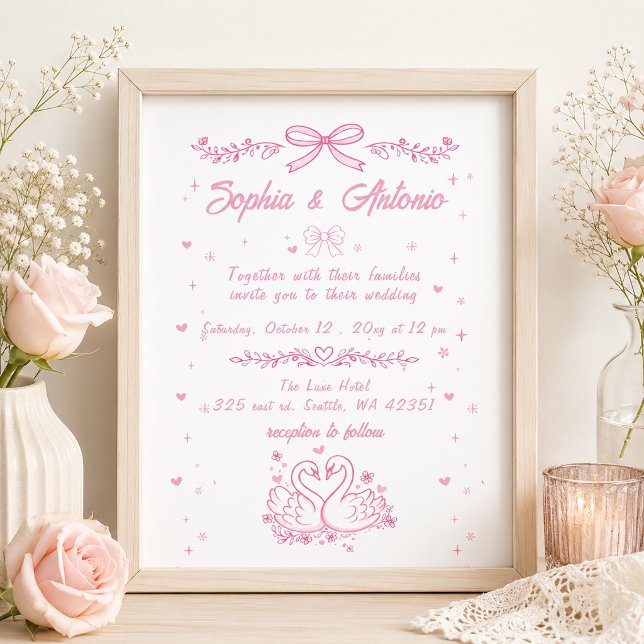 Whimsical Doodle Hand Drawn Pink Swans Wedding Invitation (Whimsical Doodle Hand Drawn Pink Swans Wedding Invitation)
