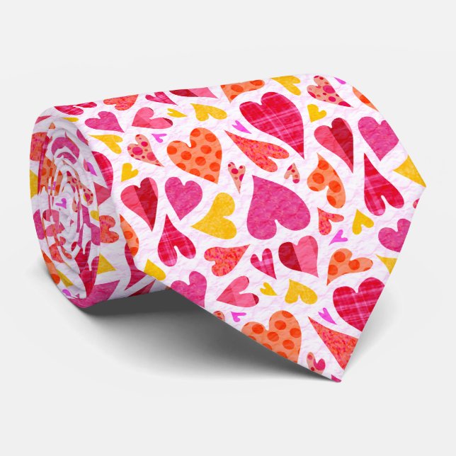 Whimsical Doodle Hearts with Patterns and Texture Tie (Rolled)