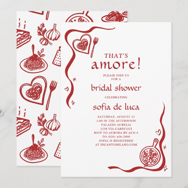 Whimsical Doodle Italian Pasta Bridal Shower Invitation (Front/Back)
