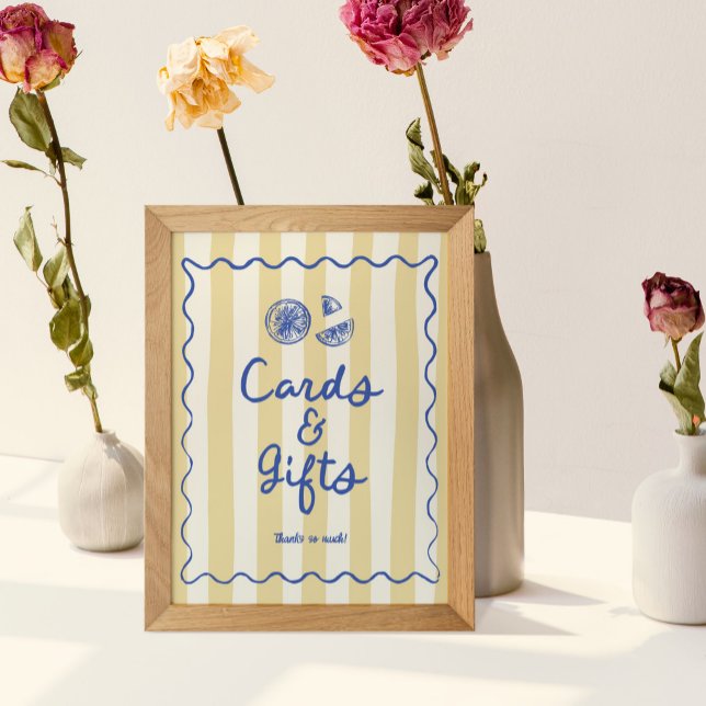 Whimsical Doodle Lemons Cards & Gifts Sign (Cards and Gifts Table Sign with yellow striped background, lemon illustrations and blue wavy border)