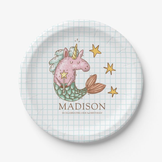 Whimsical Doodle Mermaid Unicorn Birthday Paper Plate (Front)