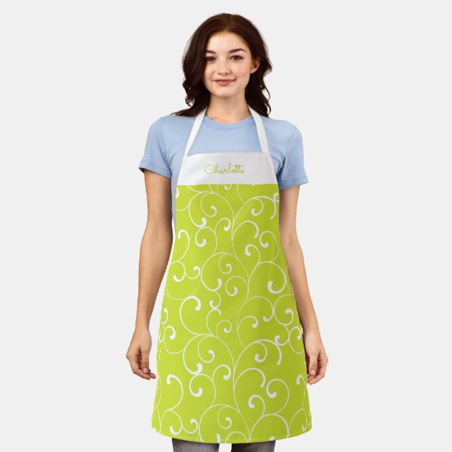 Whimsical Doodle Pattern on Lime Green with Name Apron (Worn)