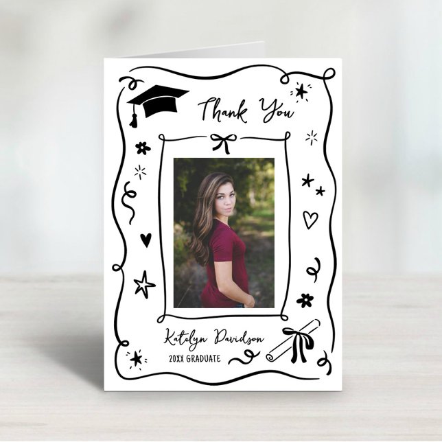 Whimsical Doodle Photo Graduation Thank You Card (Creator Uploaded)