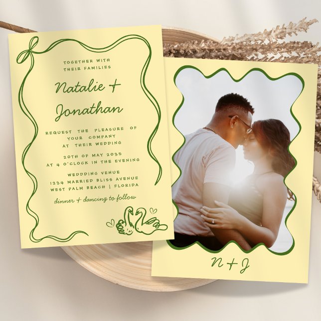 Whimsical Doodle Photo Monogram Yellow Wedding Invitation (Creator Uploaded)