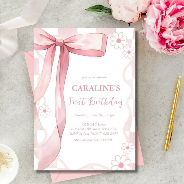 Whimsical Doodle Pink Bow First Birthday  Invitation (Creator Uploaded)