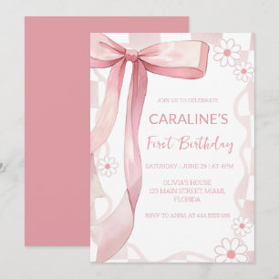 Whimsical Doodle Pink Bow First Birthday  Invitation